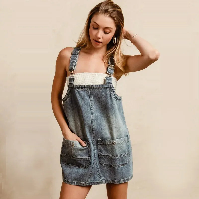 Robe Salopette Courte en Jean Femme Bretelles Réglables