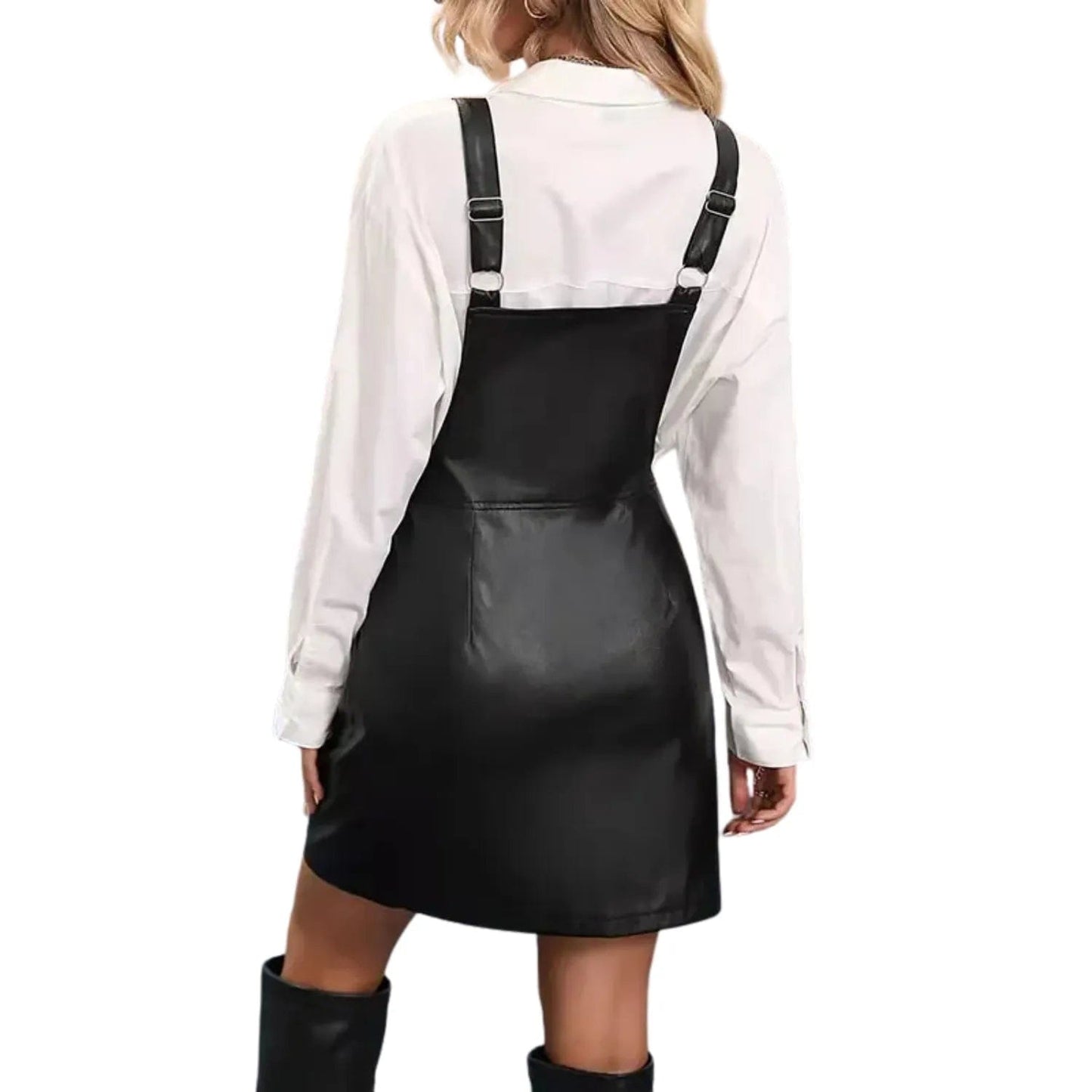 Robe Salopette en Similicuir Noir avec Fermeture Éclair - Salopette Mania