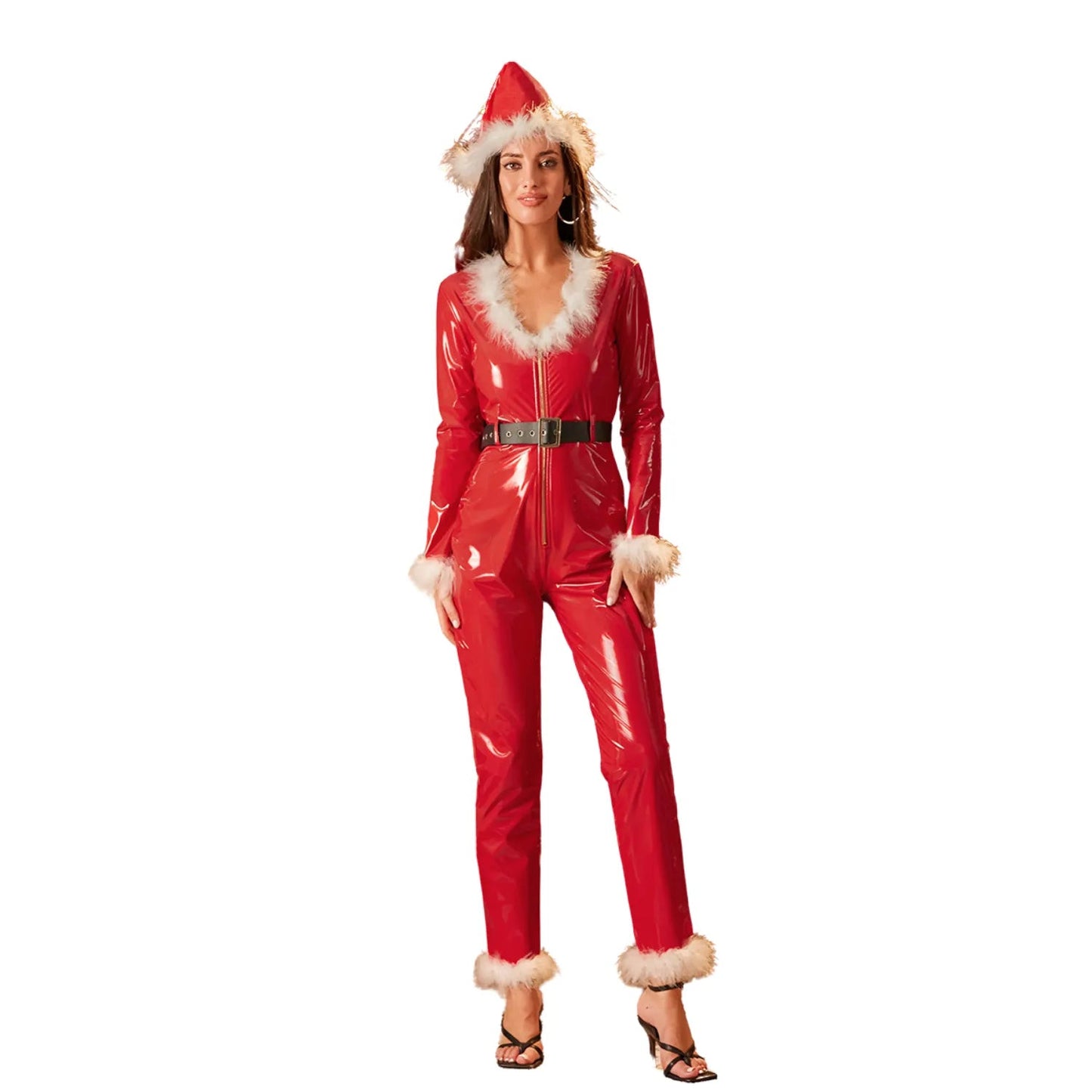 Salopette de Noël Moulante Femme en Similicuir Rouge - Glamour et Féérie Festive - Salopette Mania