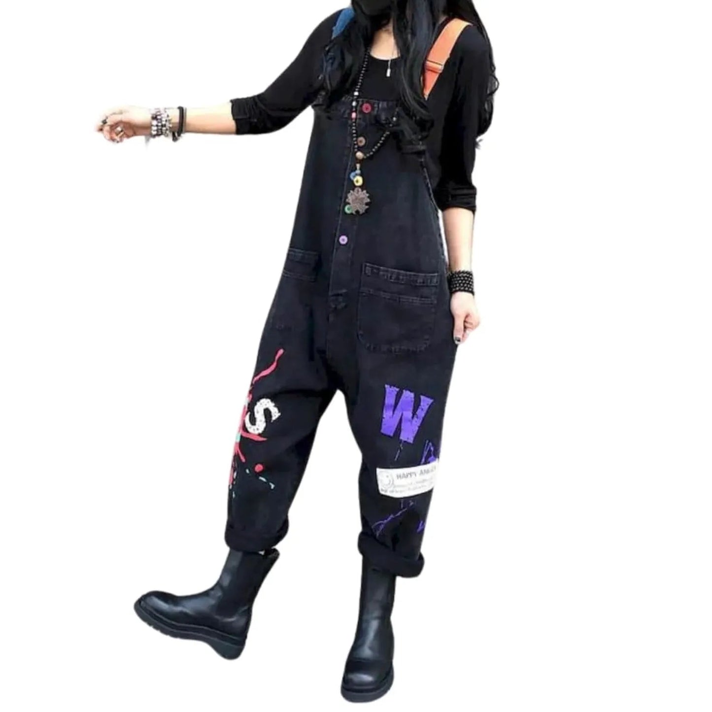 Salopette Femme Jean Patchwork Noir et Rouge – Style et Originalité - Salopette Mania