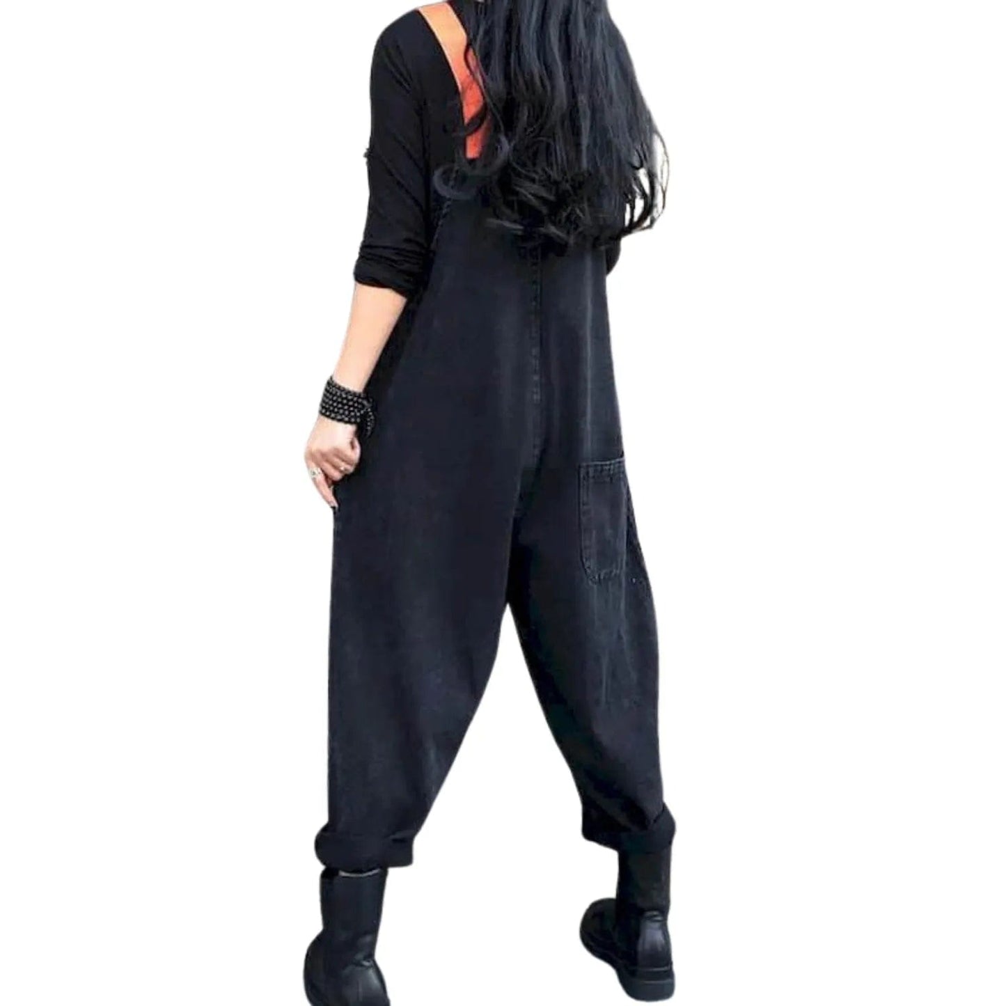 Salopette Femme Jean Patchwork Noir et Rouge – Style et Originalité - Salopette Mania