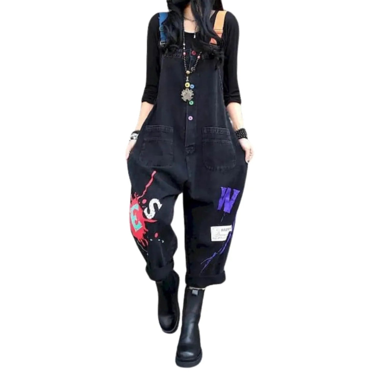 Salopette Femme Jean Patchwork Noir et Rouge – Style et Originalité - Salopette Mania