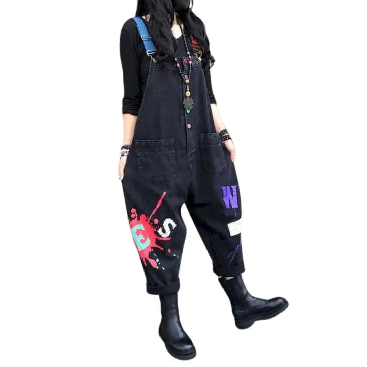 Salopette Femme Jean Patchwork Noir et Rouge – Style et Originalité - Salopette Mania