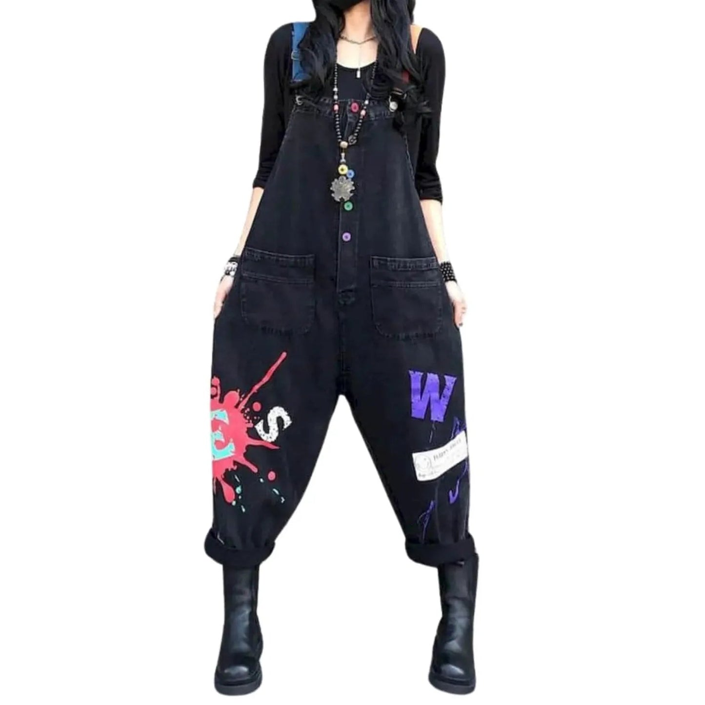 Salopette Femme Jean Patchwork Noir et Rouge – Style et Originalité - Salopette Mania