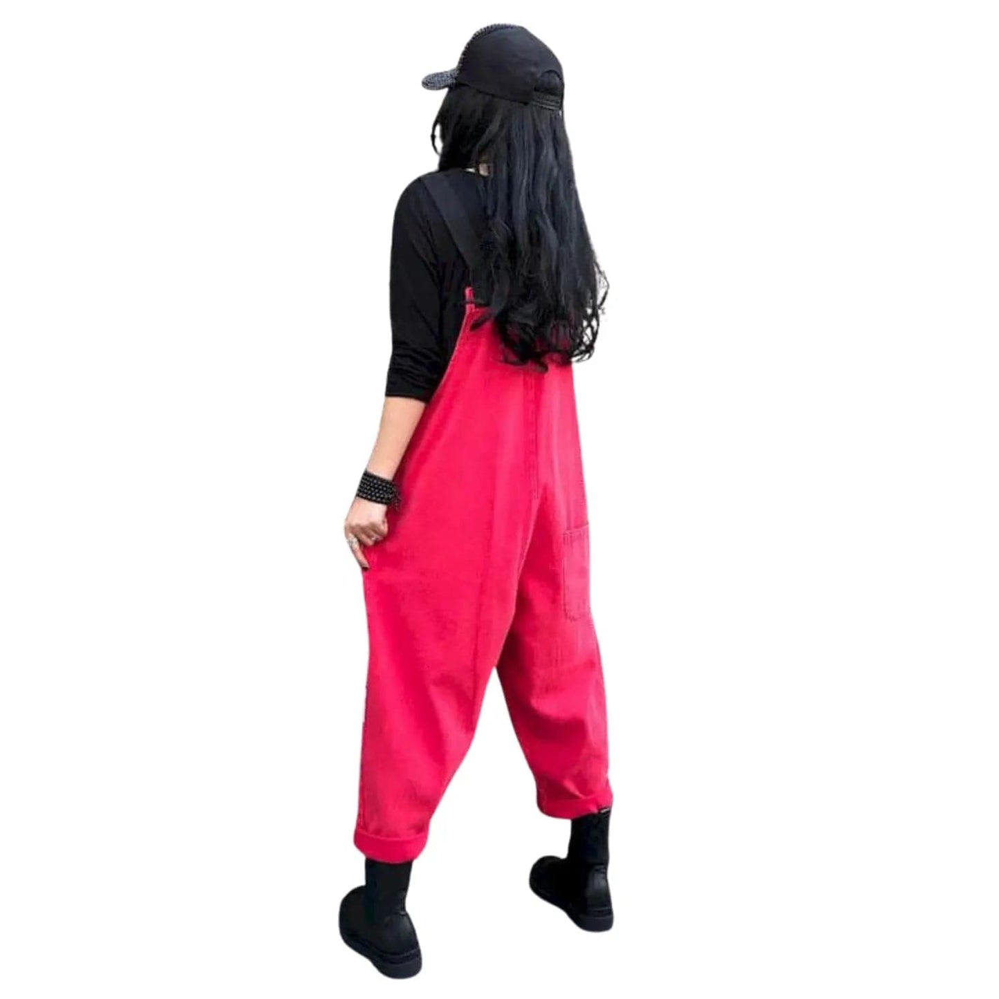 Salopette Femme Jean Patchwork Noir et Rouge – Style et Originalité - Salopette Mania