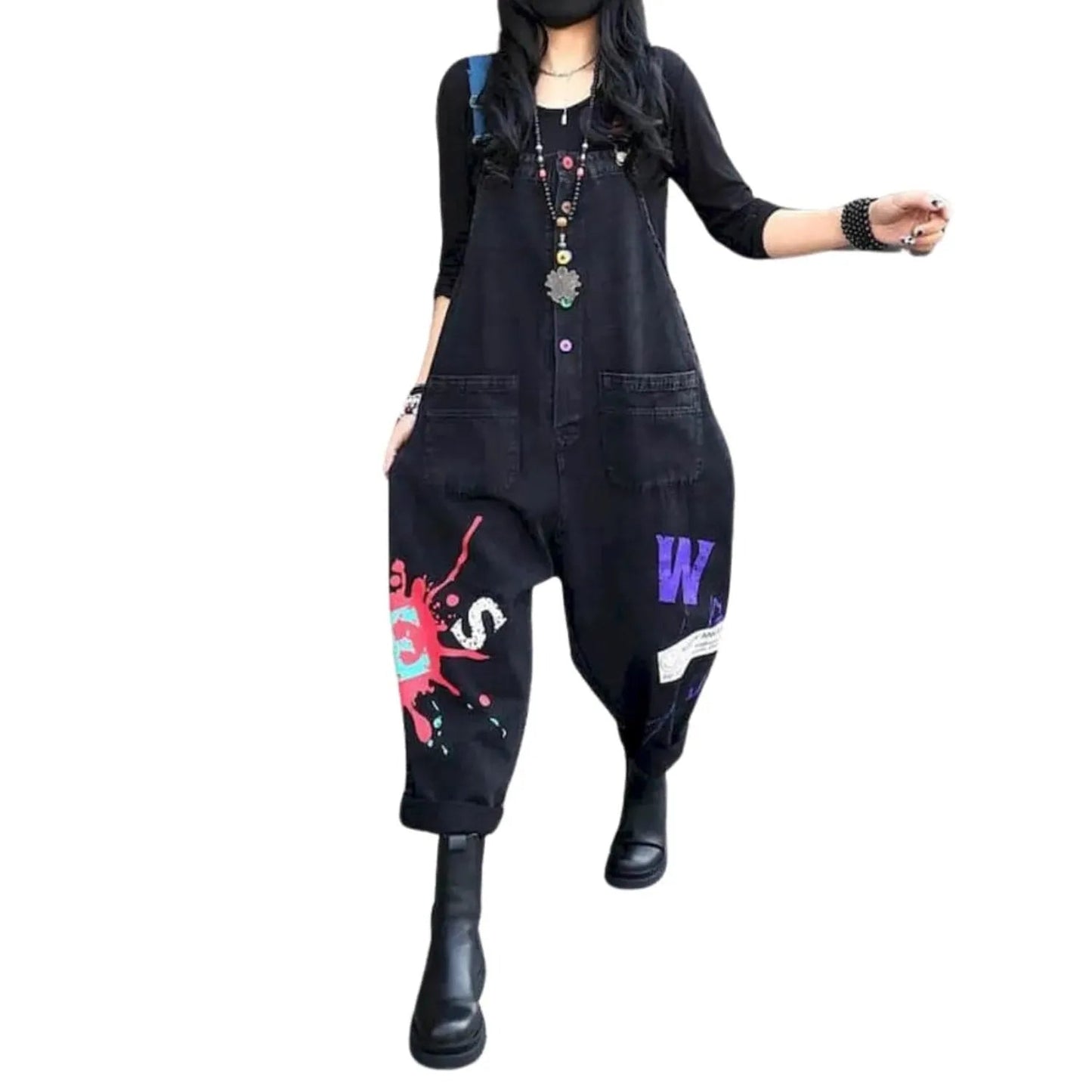Salopette Femme Jean Patchwork Noir et Rouge – Style et Originalité - Salopette Mania