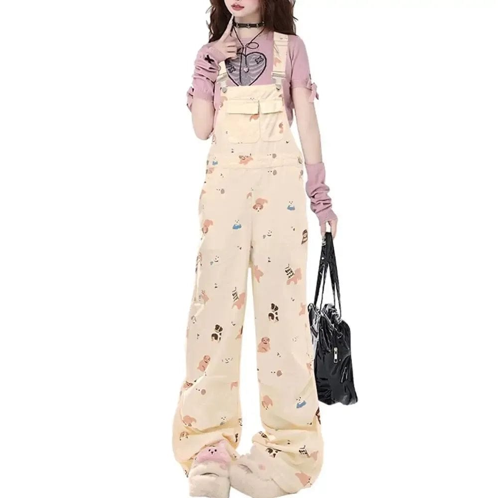 Salopette Oversize Femme en Jean avec Motifs Chiens – Style Ludique et Confort Décontracté - Salopette Mania