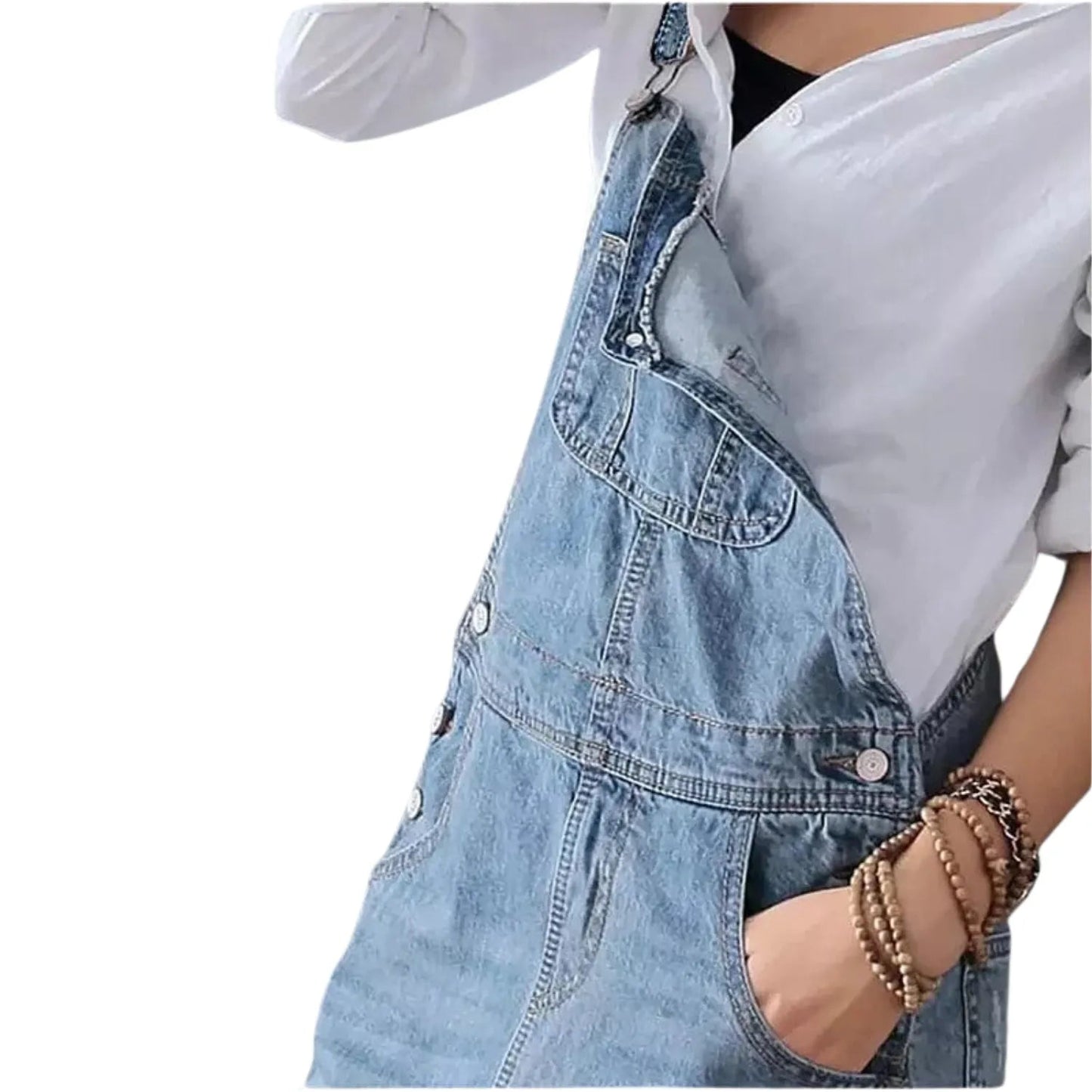 Salopette Robe Longue en Jean Délavé avec Détails Usés pour Femme - Salopette Mania