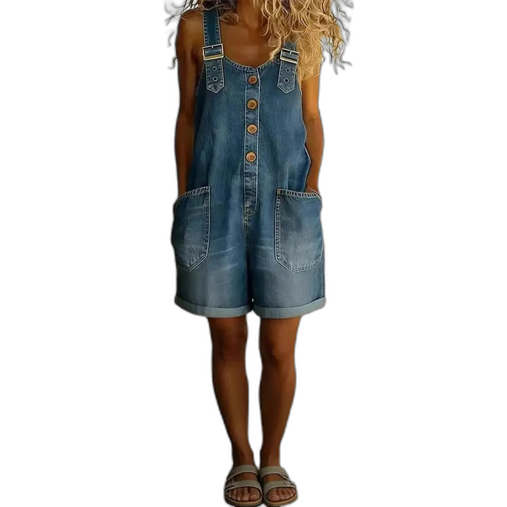Salopette Short en Jean Femme Jambe Large Boutonnée