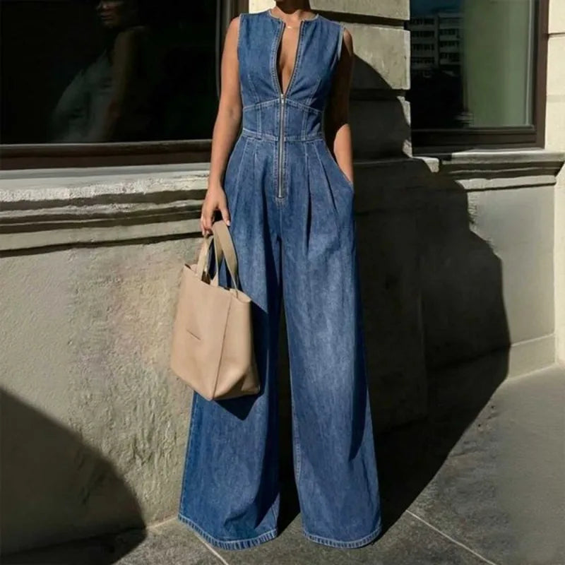 Salopette en Jean Femme Zip Taille Haute