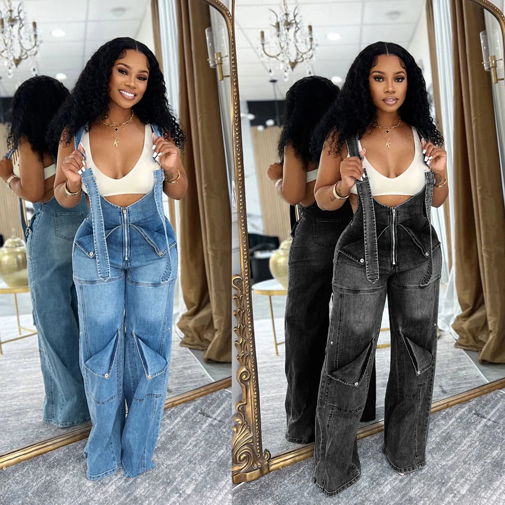 Salopette en Jean Femme Taille Haute Zip Cargo