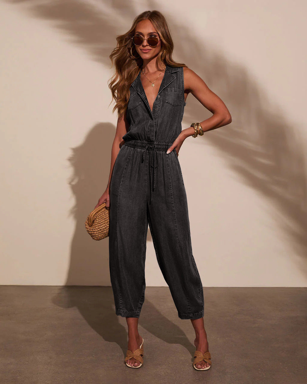 Salopette en Jean Femme Cordon de Serrage Sans Manches