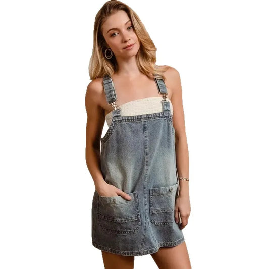 Robe Salopette Courte en Jean Femme Bretelles Réglables