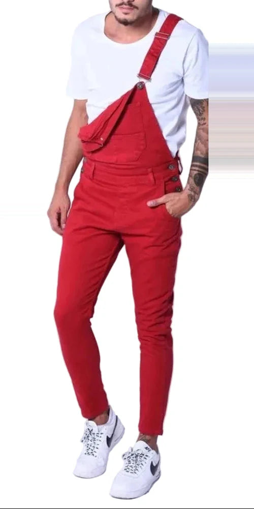 Salopette en Jean Homme Rouge et Noir Grande Taille