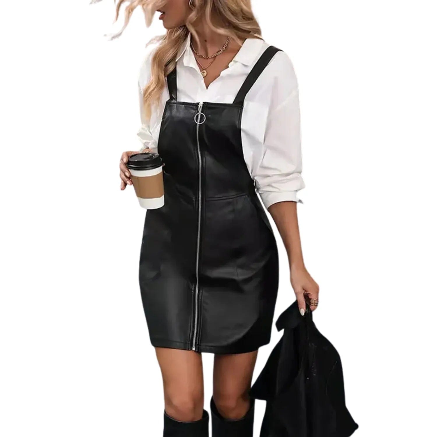 Robe Salopette en Similicuir Noir avec Fermeture Éclair - Salopette Mania