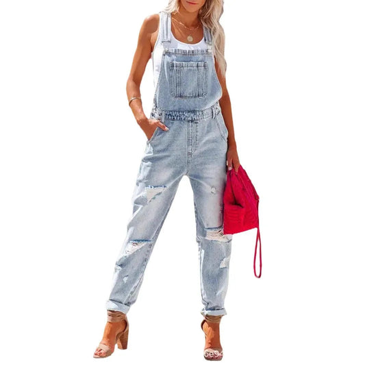 Salopette en Jean Bleu Clair Femme Déchirée