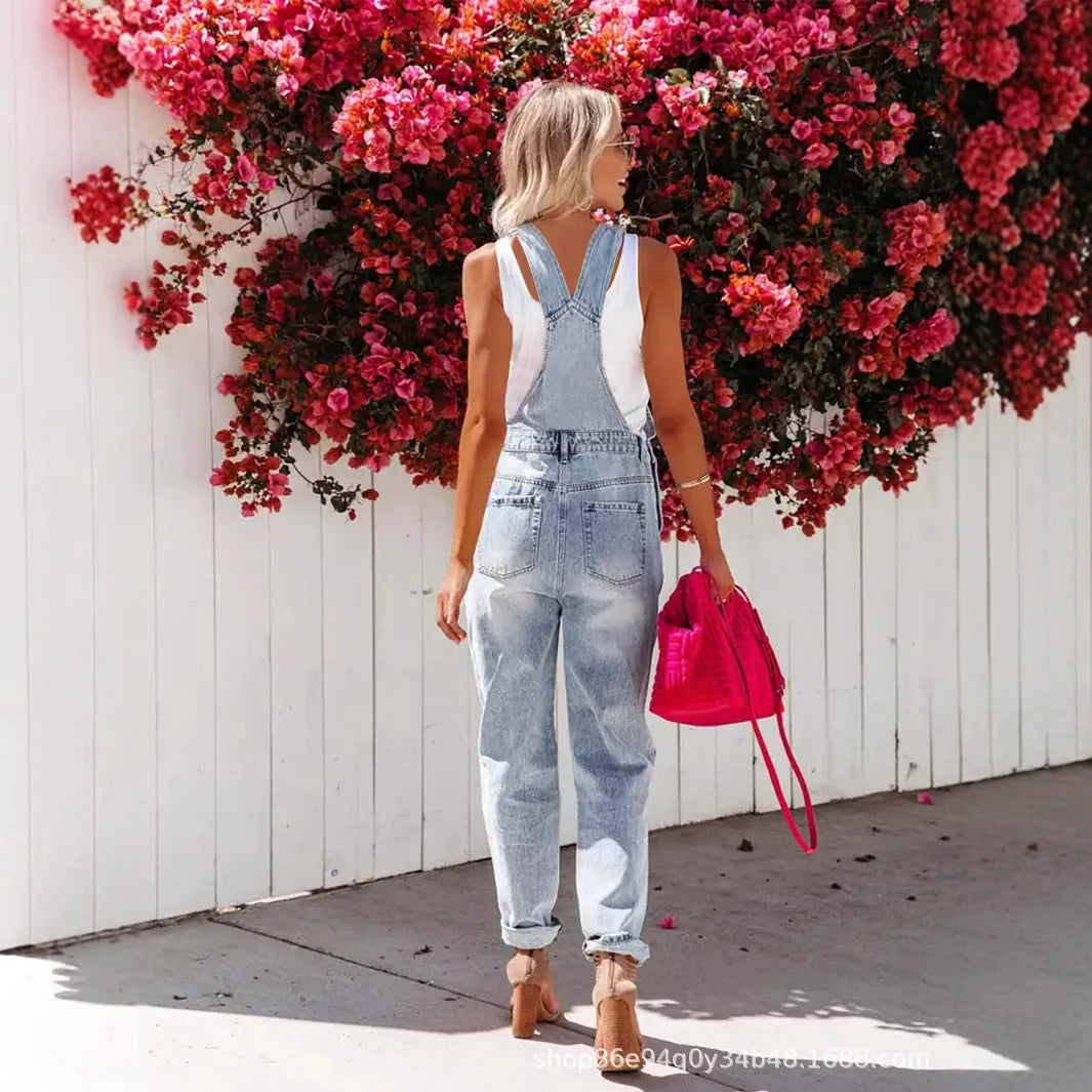 Salopette en Jean Bleu Clair Femme Déchirée