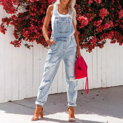 Salopette en Jean Bleu Clair Femme Déchirée