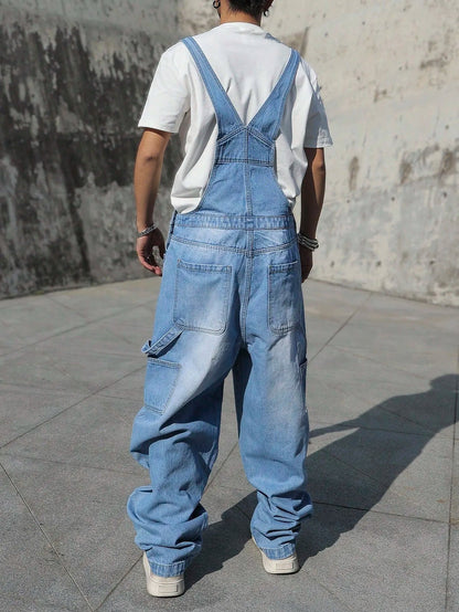 Salopette en Jean Bleu Clair Homme Jambe Large