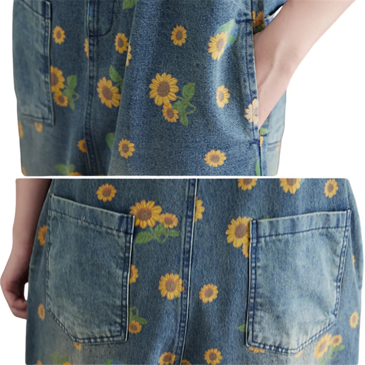 Salopette en Jean Femme à Imprimé Tournesol – Style Décontracté Vintage - Salopette Mania