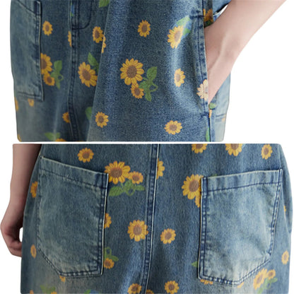 Salopette en Jean Femme à Imprimé Tournesol – Style Décontracté Vintage - Salopette Mania