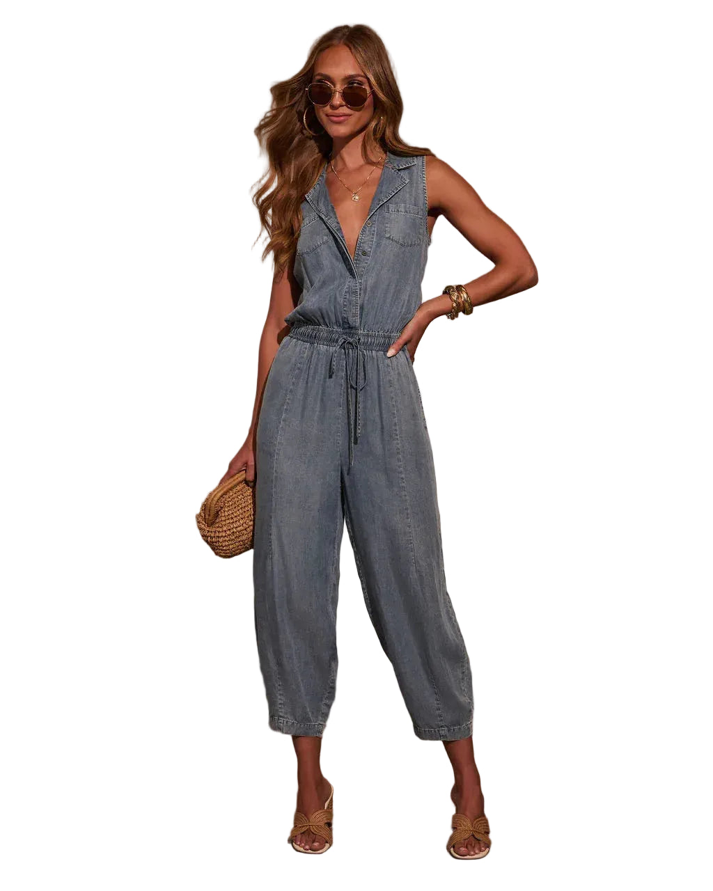 Salopette en Jean Femme Cordon de Serrage Sans Manches