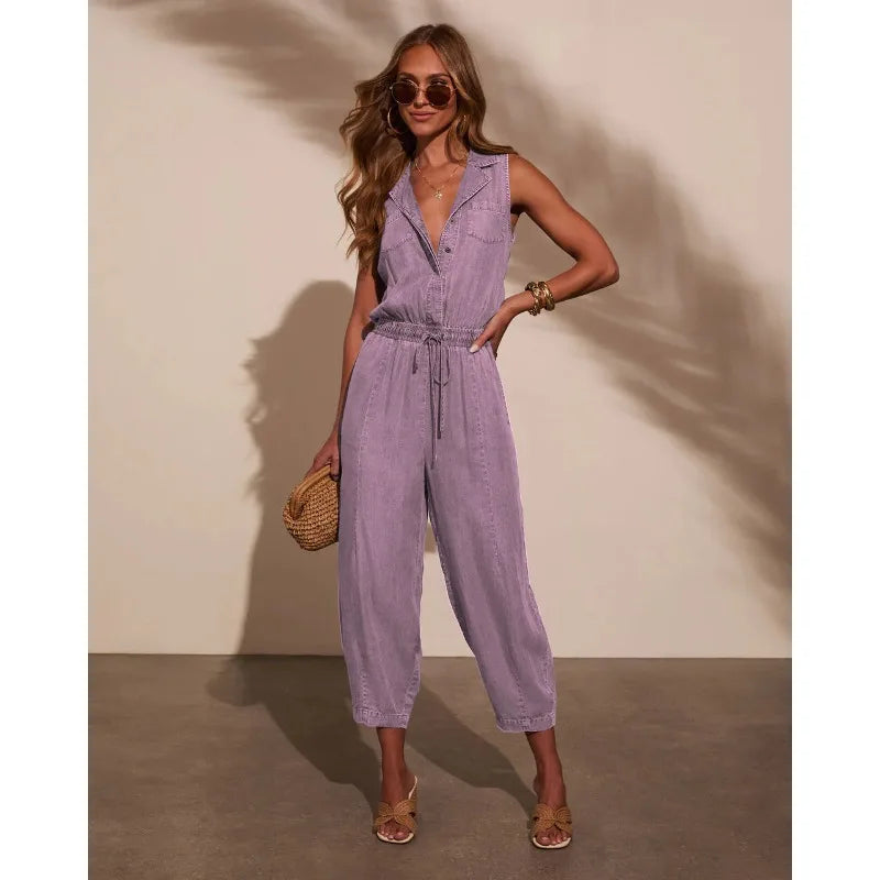 Salopette en Jean Femme Cordon de Serrage Sans Manches
