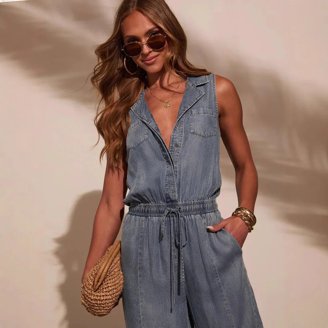 Salopette en Jean Femme Cordon de Serrage Sans Manches