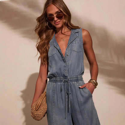 Salopette en Jean Femme Cordon de Serrage Sans Manches
