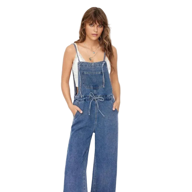 Salopette en Jean Femme Jambe Large Cordon de Serrage