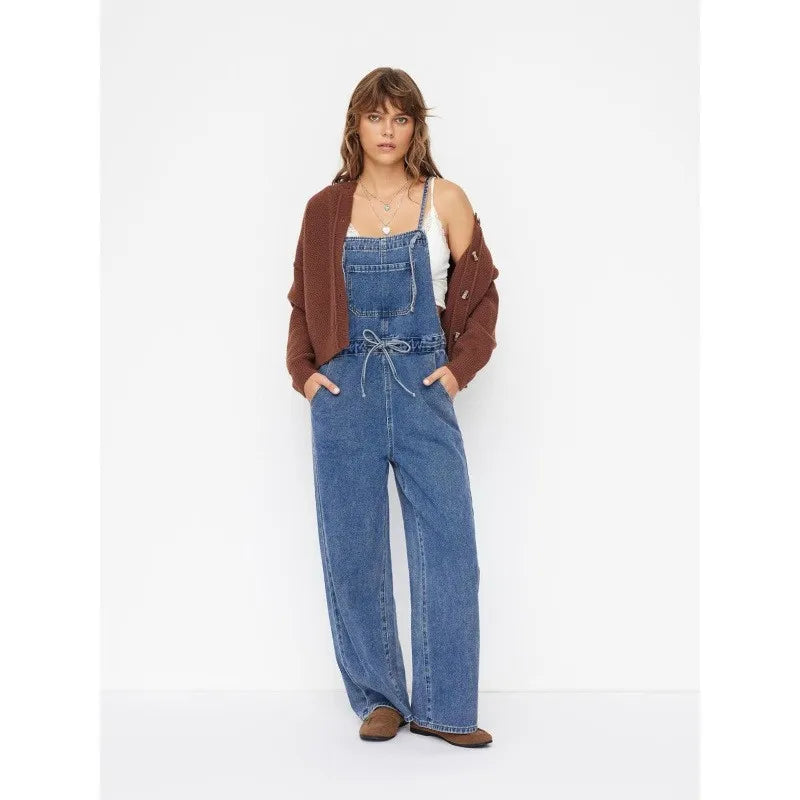 Salopette en Jean Femme Jambe Large Cordon de Serrage