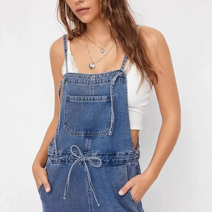Salopette en Jean Femme Jambe Large Cordon de Serrage