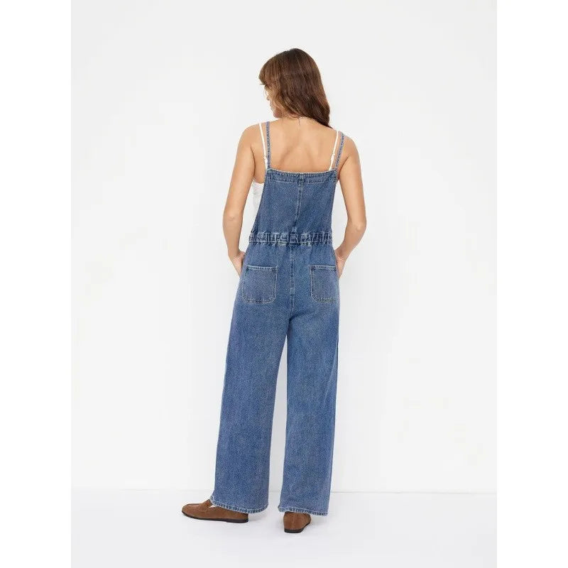 Salopette en Jean Femme Jambe Large Cordon de Serrage
