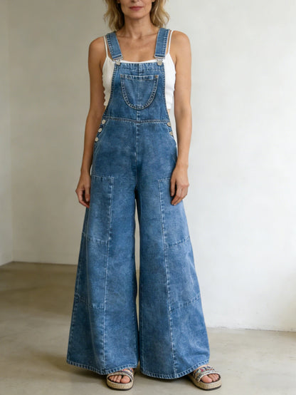 Salopette en Jean Femme Rétro Jambe Large Légère