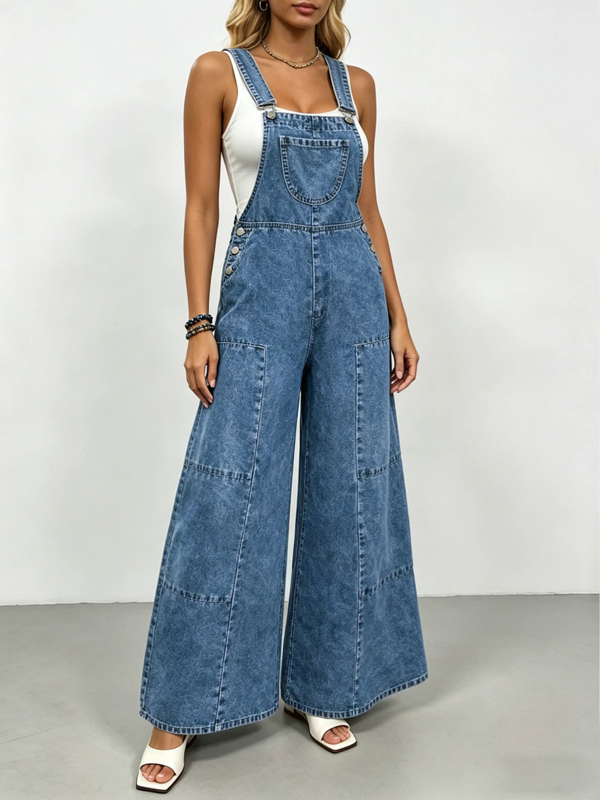 Salopette en Jean Femme Rétro Jambe Large Légère