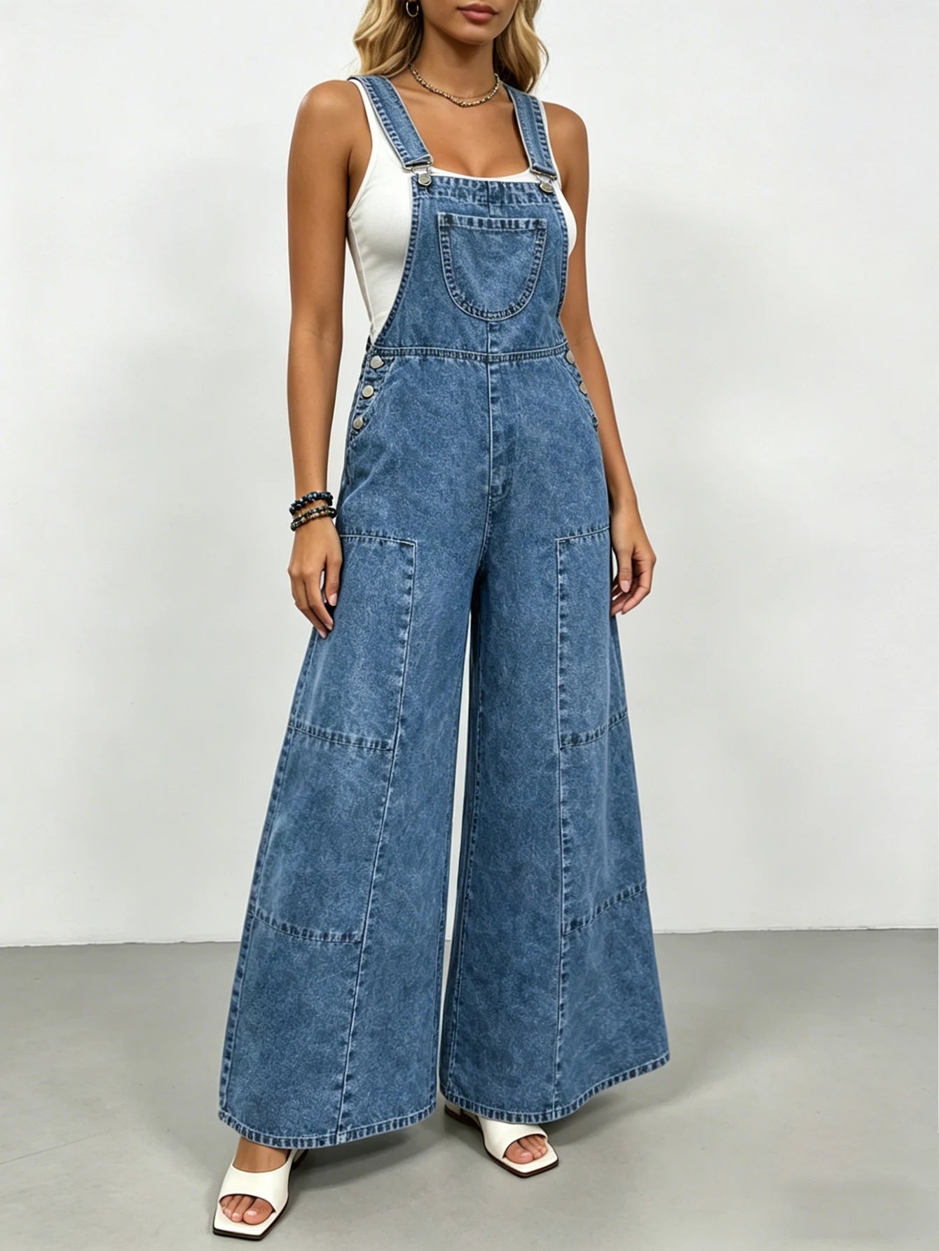 Salopette en Jean Femme Rétro Jambe Large Légère