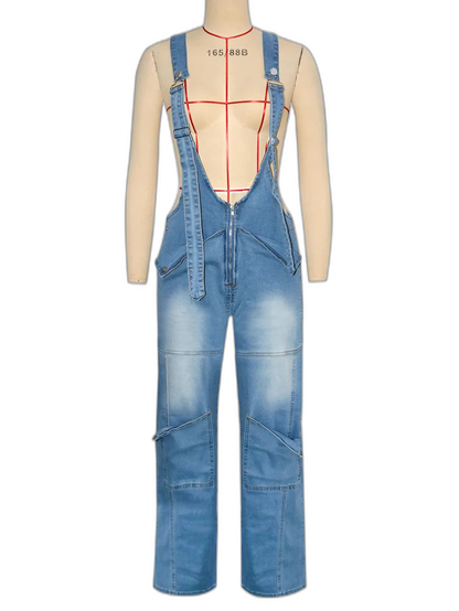 Salopette en Jean Femme Taille Haute Zip Cargo