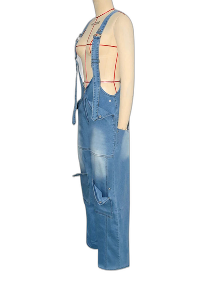 Salopette en Jean Femme Taille Haute Zip Cargo
