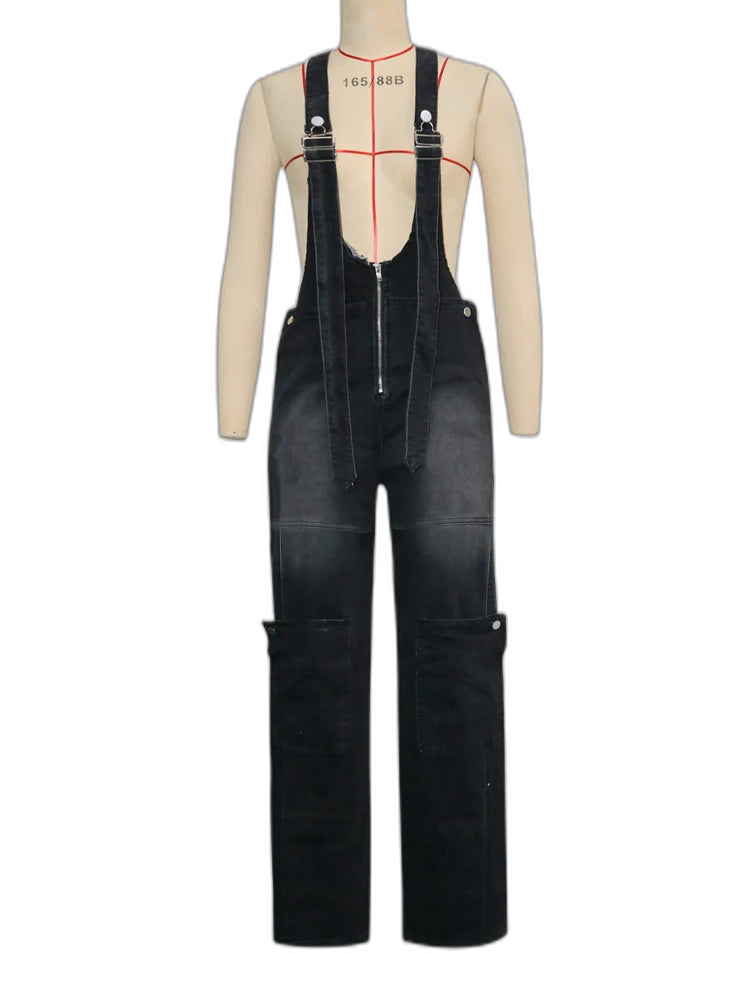 Salopette en Jean Femme Taille Haute Zip Cargo