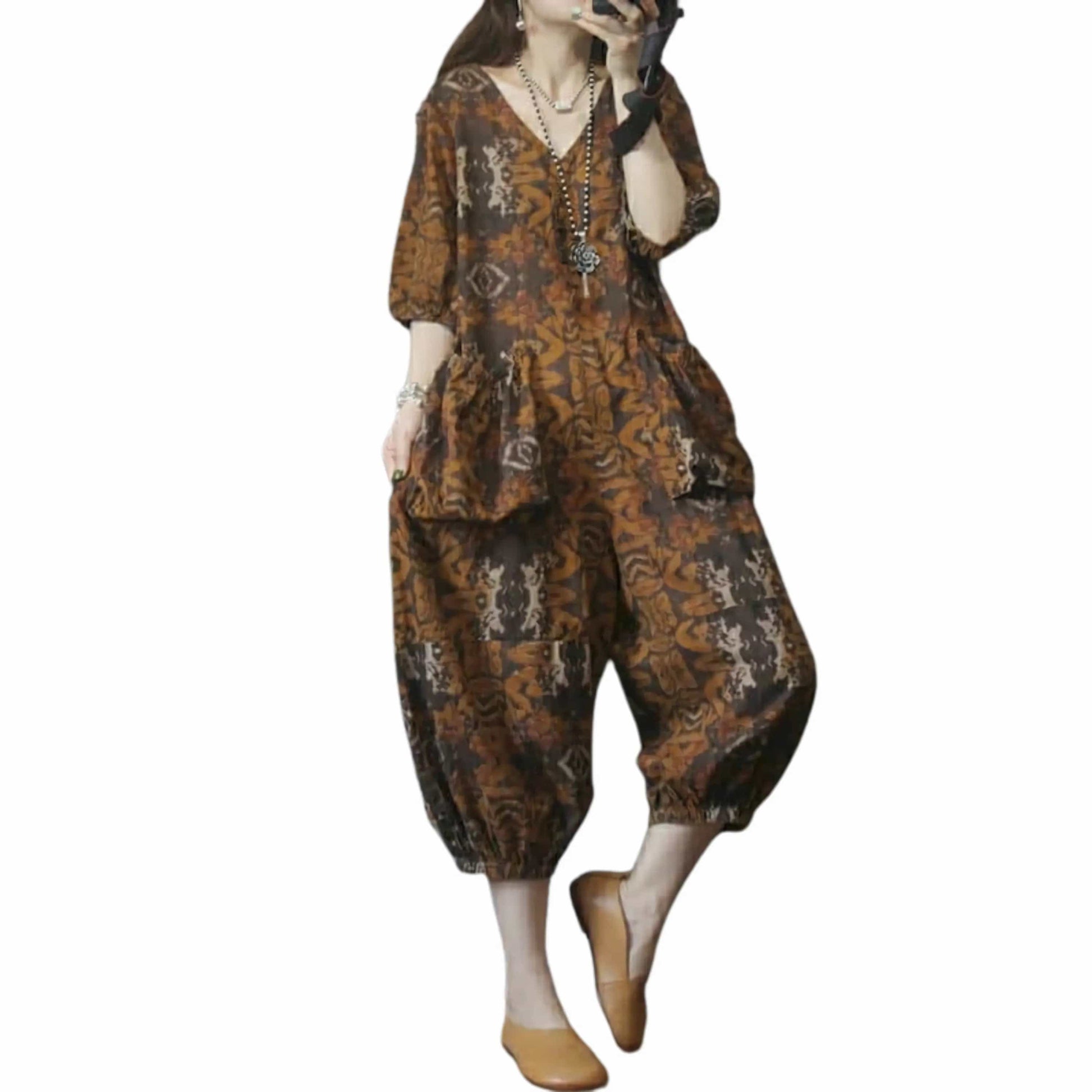Salopette Femme Ample à Imprimé Vintage - Élégance et Confort Bohème - Salopette Mania