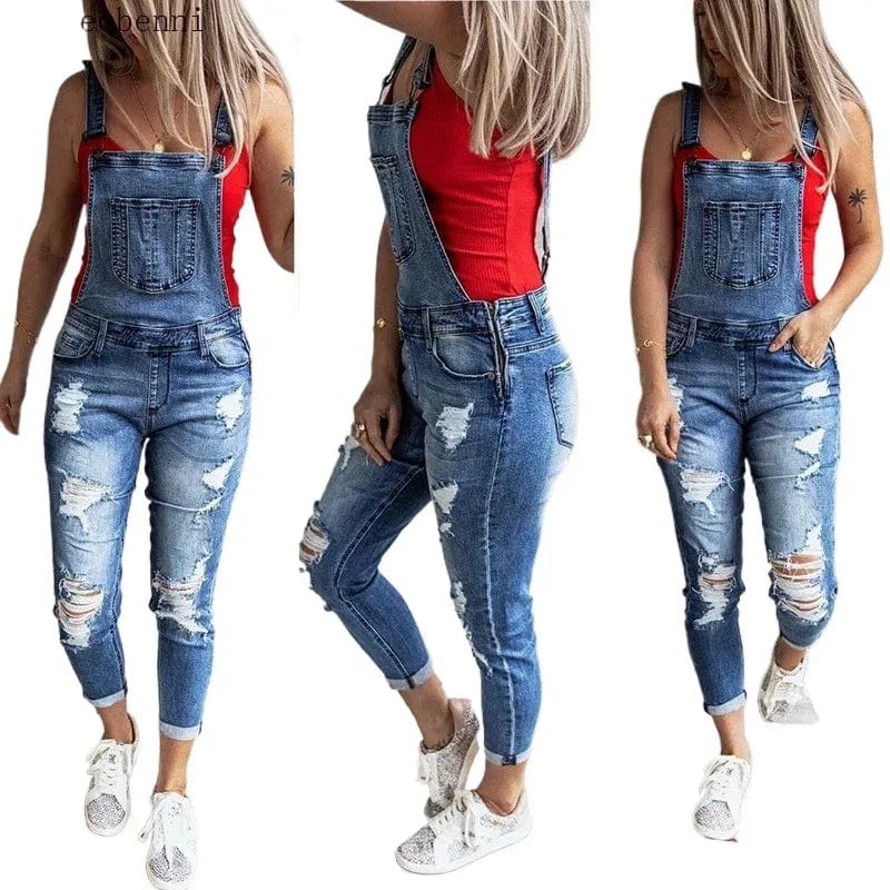 Salopette Femme en Jean Délavé avec Trous - Style Urbain et Décontracté - Salopette Mania