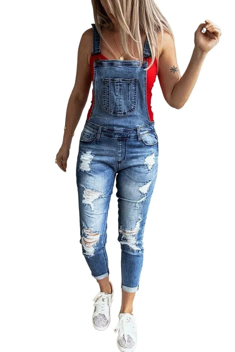 Salopette Femme en Jean Délavé avec Trous - Style Urbain et Décontracté - Salopette Mania