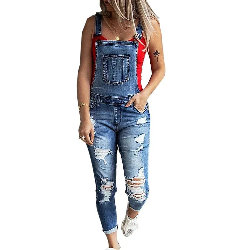 Salopette Femme en Jean Délavé avec Trous - Style Urbain et Décontracté - Salopette Mania