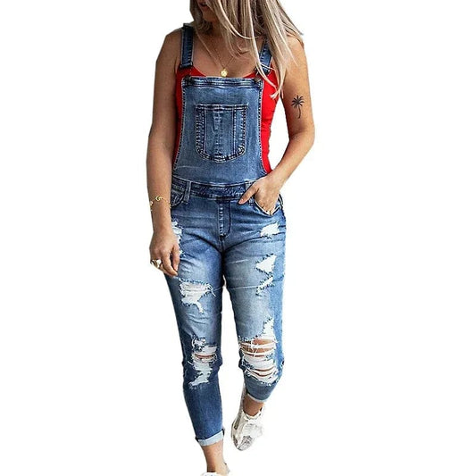 Salopette Femme en Jean Délavé avec Trous - Style Urbain et Décontracté - Salopette Mania