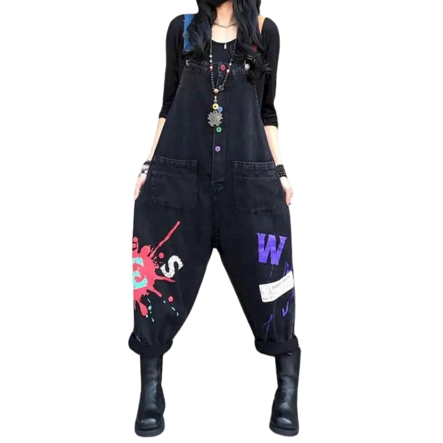Salopette Femme Jean Patchwork Noir et Rouge – Style et Originalité - Salopette Mania