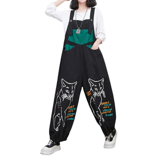 Salopette Noire Style Streetwear avec Motifs Chats – Originalité et Confort - Salopette Mania