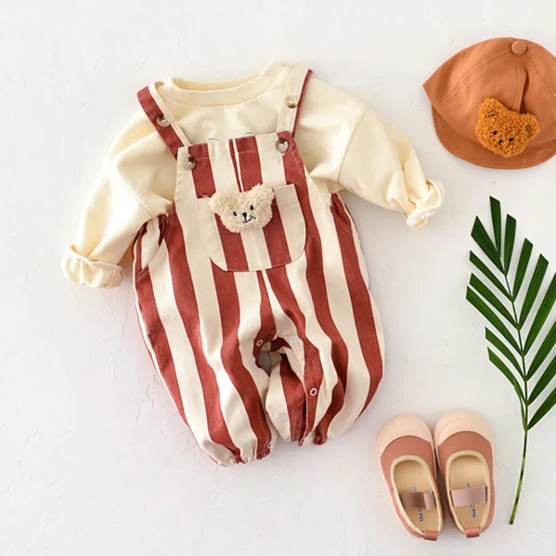 Salopette Rayée Bébé en Coton - Motif Ours Mignon pour un Look Original - Salopette Mania