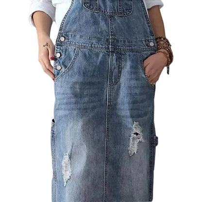Salopette Robe Longue en Jean Délavé avec Détails Usés pour Femme - Salopette Mania