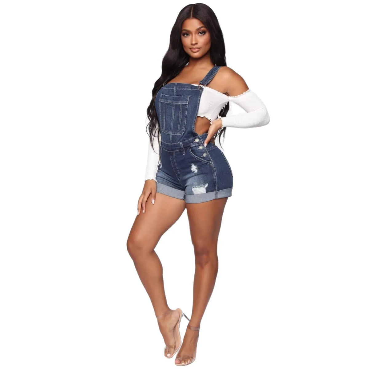 Salopette Short en Jean Femme Déchirée Stretch