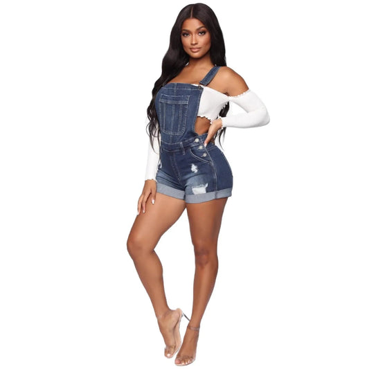 Salopette Short en Jean Femme Déchirée Stretch